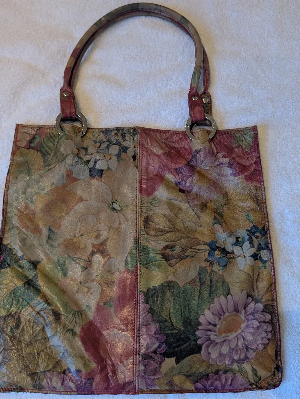 Vintage Cecconi Piero Italian Leather Floral Botanical Tote Bag Cottagecore